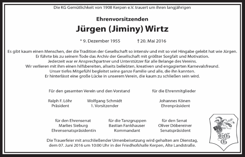  Traueranzeige für Jürgen Wirtz vom 04.06.2016 aus  Sonntags-Post 