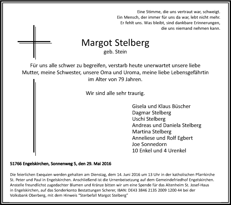  Traueranzeige für Margot Stelberg vom 02.06.2016 aus Kölner Stadt-Anzeiger / Kölnische Rundschau / Express