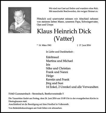 Anzeige von Klaus Heinrich Dick von Kölner Stadt-Anzeiger / Kölnische Rundschau / Express