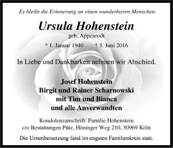 Anzeige von Ursula Hohenstein von Kölner Stadt-Anzeiger / Kölnische Rundschau / Express