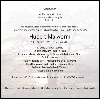 Anzeige von Hubert Maiworm von Kölner Stadt-Anzeiger / Kölnische Rundschau / Express