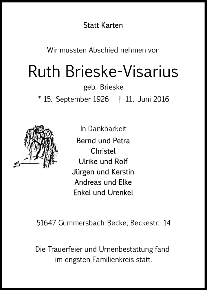 Traueranzeige für Ruth Brieske-Visarius vom 20.06.2016 aus Kölner Stadt-Anzeiger / Kölnische Rundschau / Express
