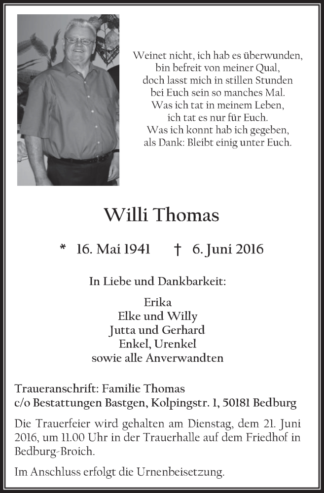  Traueranzeige für Willi Thomas vom 15.06.2016 aus  Werbepost 