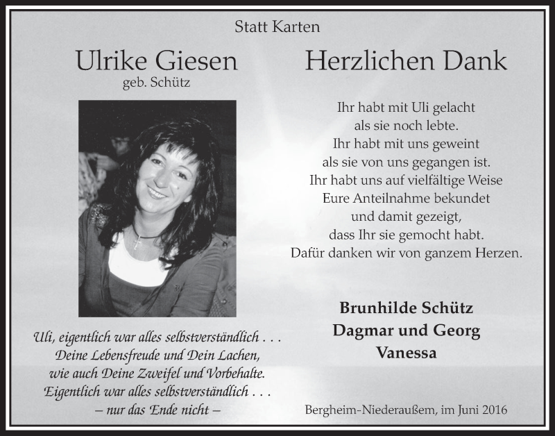  Traueranzeige für Ulrike Giesen vom 04.06.2016 aus  Sonntags-Post 