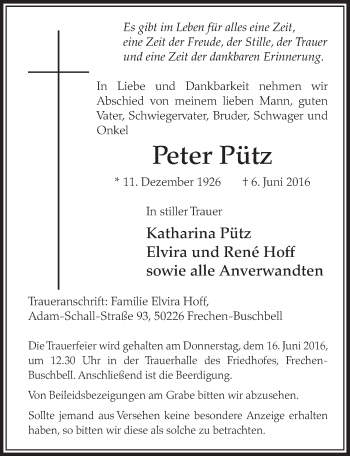 Anzeige von Peter Pütz von  Sonntags-Post 