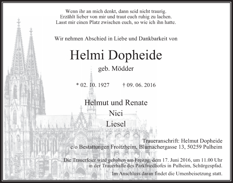  Traueranzeige für Helmi Dopheide vom 15.06.2016 aus  Wochenende 