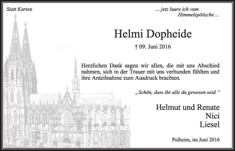  Traueranzeige für Helmi Dopheide vom 25.06.2016 aus  Sonntags-Post 