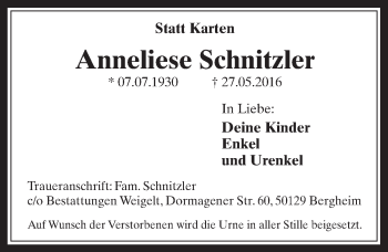Anzeige von Anneliese Schnitzler von  Werbepost 