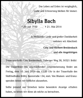 Anzeige von Sibylla Bach von Kölner Stadt-Anzeiger / Kölnische Rundschau / Express