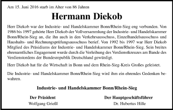 Anzeige von Hermann Diekob von Kölner Stadt-Anzeiger / Kölnische Rundschau / Express