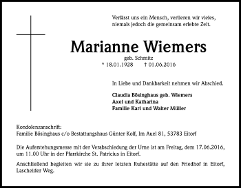 Anzeige von Marianne Wiemers von Kölner Stadt-Anzeiger / Kölnische Rundschau / Express