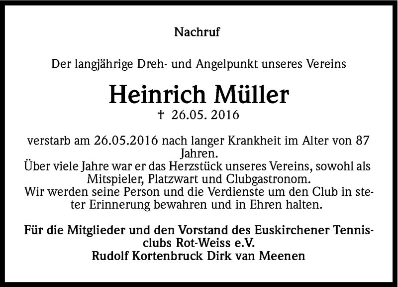  Traueranzeige für Heinrich Müller vom 09.06.2016 aus Kölner Stadt-Anzeiger / Kölnische Rundschau / Express