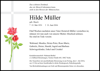 Anzeige von Hilde Müller von Kölner Stadt-Anzeiger / Kölnische Rundschau / Express