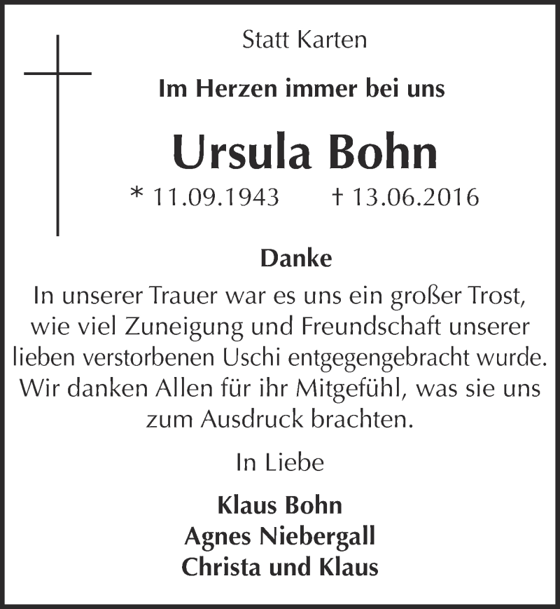  Traueranzeige für Ursula Bohn vom 22.06.2016 aus  Kölner Wochenspiegel 