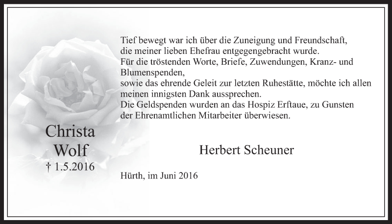  Traueranzeige für Christa Wolf vom 15.06.2016 aus  Wochenende 