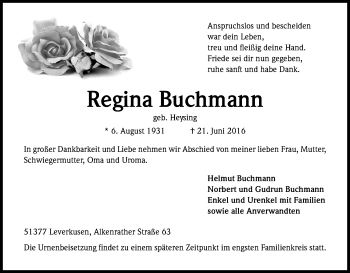Anzeige von Regina Buchmann von Kölner Stadt-Anzeiger / Kölnische Rundschau / Express