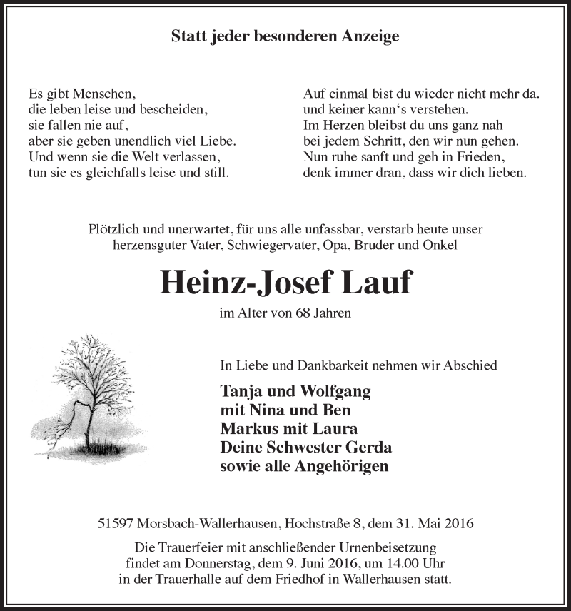  Traueranzeige für Heinz-Josef Lauf vom 08.06.2016 aus  Lokalanzeiger 