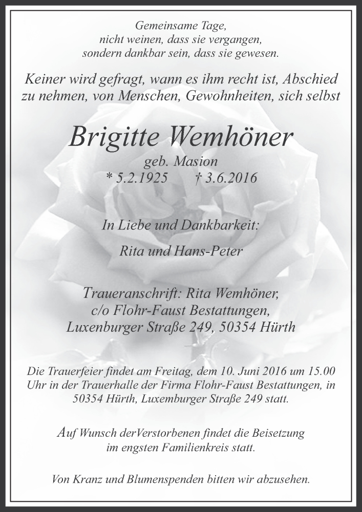  Traueranzeige für Brigtte Wemhöner vom 08.06.2016 aus  Wochenende 