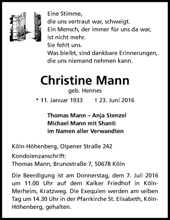 Anzeige von Christine Mann von Kölner Stadt-Anzeiger / Kölnische Rundschau / Express