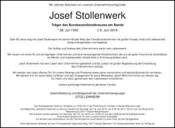 Anzeige von Josef Stollenwerk von Kölner Stadt-Anzeiger / Kölnische Rundschau / Express