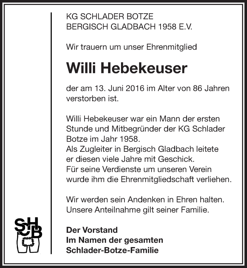  Traueranzeige für Willi Hebekeuser vom 22.06.2016 aus  Bergisches Handelsblatt 
