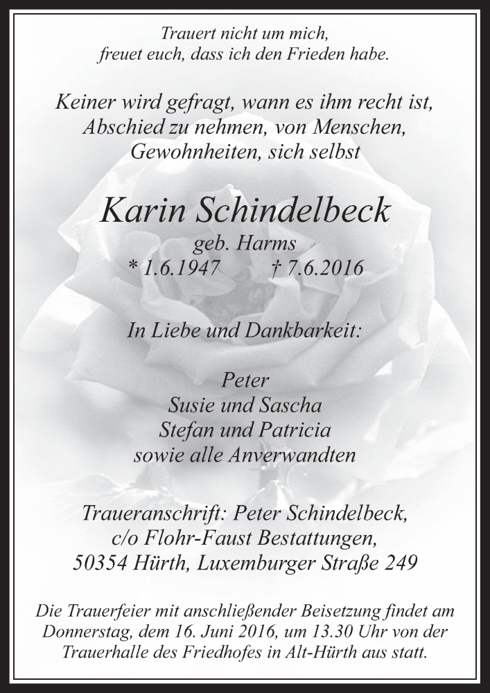  Traueranzeige für Karin Schindelbeck vom 15.06.2016 aus  Wochenende 