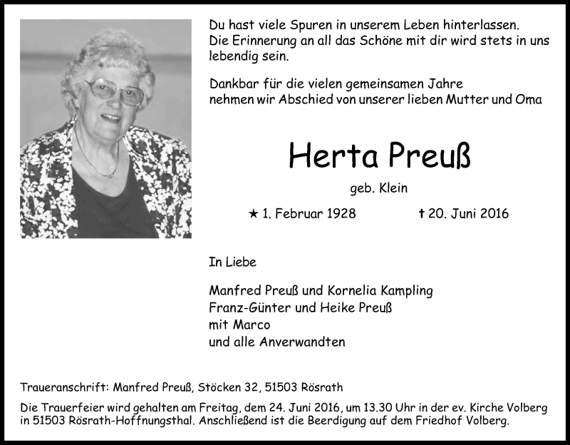  Traueranzeige für Herta Preuß vom 22.06.2016 aus Kölner Stadt-Anzeiger / Kölnische Rundschau / Express