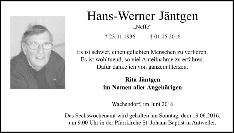  Traueranzeige für Hans-Werner Jäntgen vom 11.06.2016 aus  Blickpunkt Euskirchen 