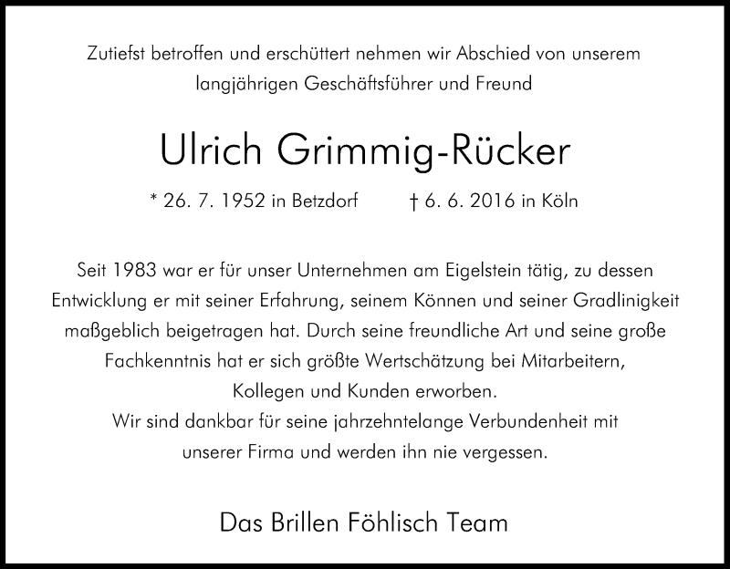  Traueranzeige für Ulrich Grimmig-Rücker vom 11.06.2016 aus Kölner Stadt-Anzeiger / Kölnische Rundschau / Express