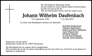 Anzeige von Johann Wilhelm Daufenbach von Kölner Stadt-Anzeiger / Kölnische Rundschau / Express