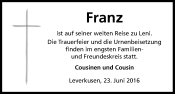 Anzeige von Franz Quirl von Kölner Stadt-Anzeiger / Kölnische Rundschau / Express