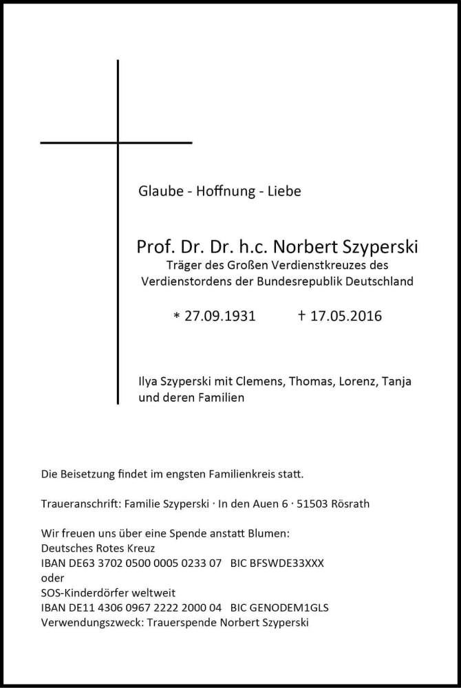  Traueranzeige für Norbert Szypeski vom 04.06.2016 aus Kölner Stadt-Anzeiger / Kölnische Rundschau / Express