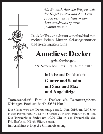 Anzeige von Anneliese Decker von  Wochenende 