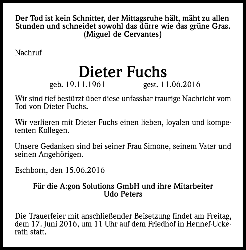  Traueranzeige für Dieter Fuchs vom 17.06.2016 aus Kölner Stadt-Anzeiger / Kölnische Rundschau / Express