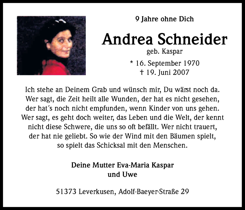  Traueranzeige für Andrea Schneider vom 18.06.2016 aus Kölner Stadt-Anzeiger / Kölnische Rundschau / Express