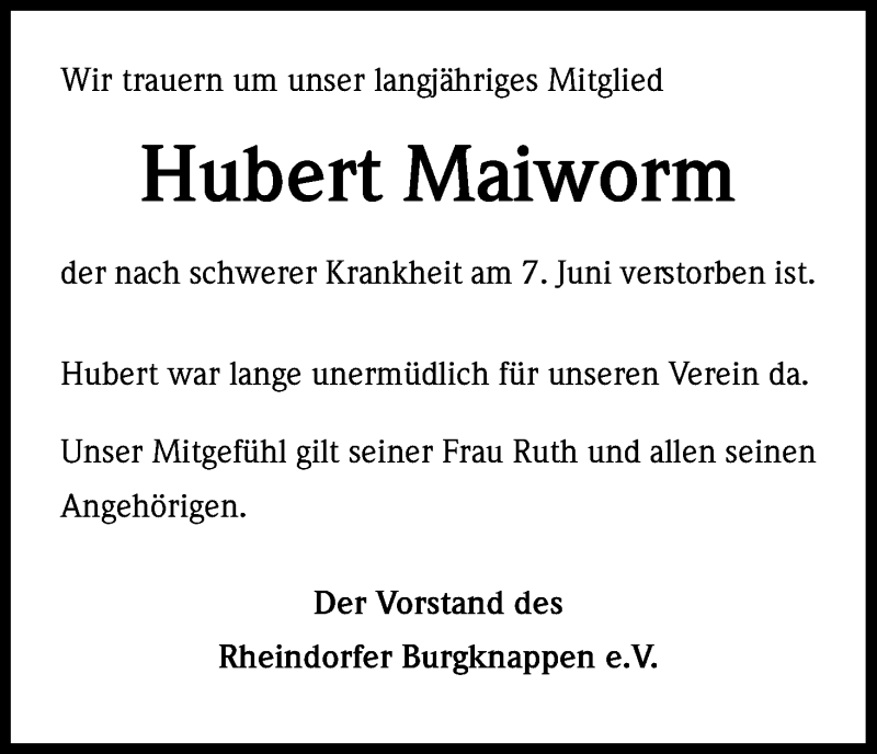  Traueranzeige für Hubert Maiworm vom 22.06.2016 aus Kölner Stadt-Anzeiger / Kölnische Rundschau / Express
