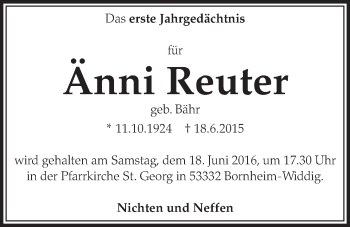 Anzeige von Änni Reuter von  Schlossbote/Werbekurier 