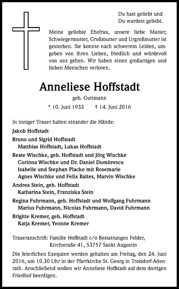  Traueranzeige für Anneliese Hoffstadt vom 18.06.2016 aus Kölner Stadt-Anzeiger / Kölnische Rundschau / Express