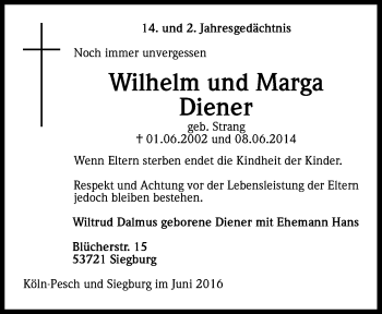 Anzeige von Wilhelm und Marga Diener von Kölner Stadt-Anzeiger / Kölnische Rundschau / Express