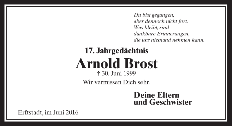 Traueranzeige für Arnold Brost vom 08.06.2016 aus  Werbepost 