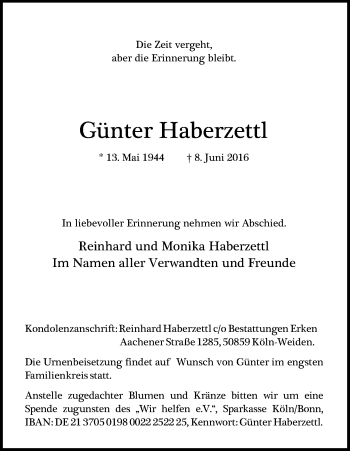 Anzeige von Günter Haberzettl von Kölner Stadt-Anzeiger / Kölnische Rundschau / Express