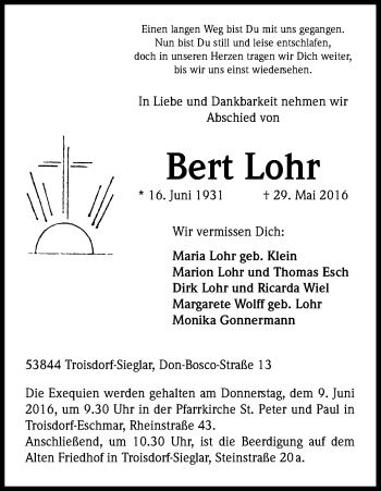 Anzeige von Bert Lohr von Kölner Stadt-Anzeiger / Kölnische Rundschau / Express