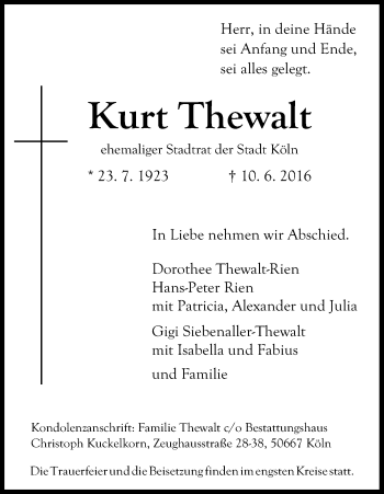 Anzeige von Kurt Thewalt von Kölner Stadt-Anzeiger / Kölnische Rundschau / Express