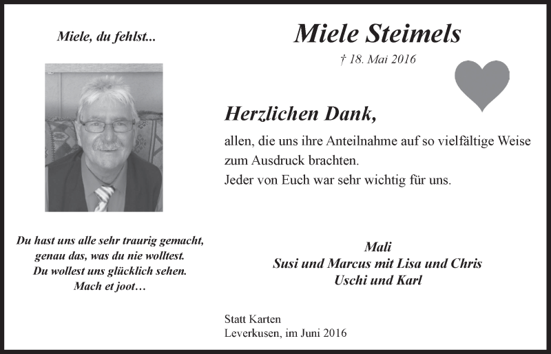  Traueranzeige für Miele Steimels vom 22.06.2016 aus  Lokale Informationen 