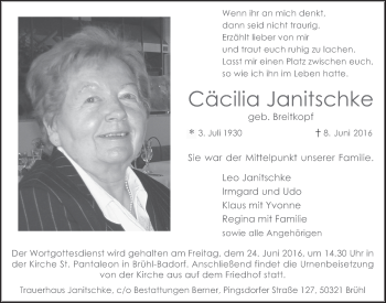 Anzeige von Cäcilia Janitschke von  Schlossbote/Werbekurier 