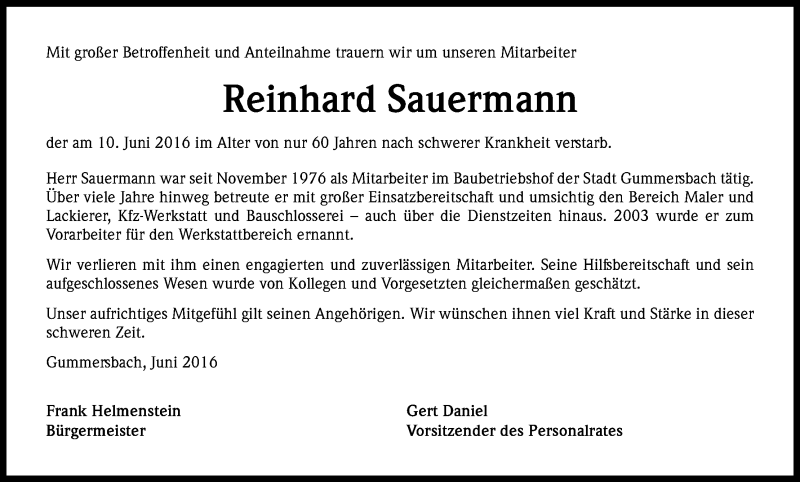  Traueranzeige für Reinhard Sauermann vom 16.06.2016 aus Kölner Stadt-Anzeiger / Kölnische Rundschau / Express
