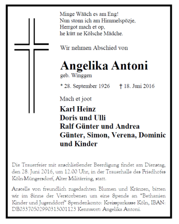 Anzeige von Angelika Antoni von Kölner Stadt-Anzeiger / Kölnische Rundschau / Express