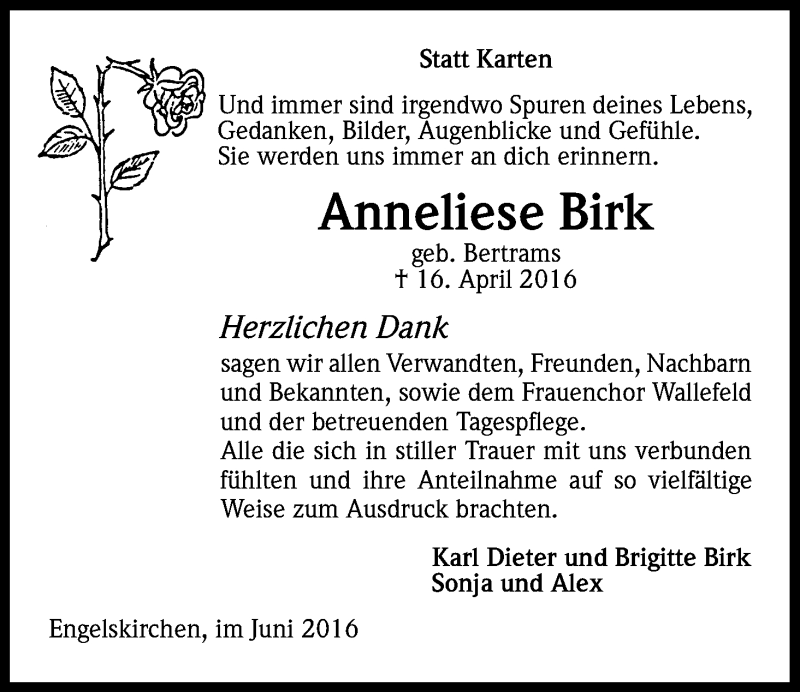  Traueranzeige für Anneliese Birk vom 04.06.2016 aus Kölner Stadt-Anzeiger / Kölnische Rundschau / Express
