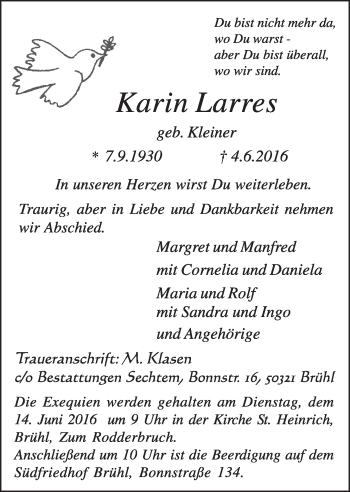 Anzeige von Karin Larres von  Schlossbote/Werbekurier 