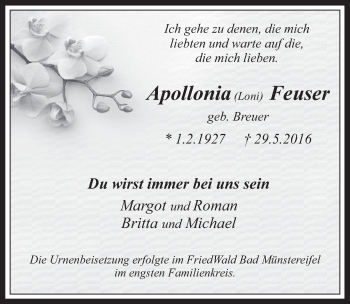 Anzeige von Apollonia Feuser von  Werbepost 